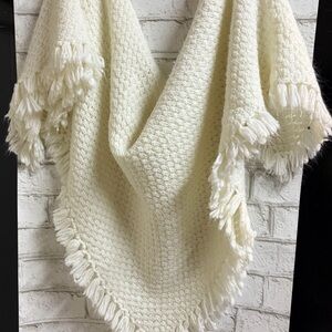 Vintage Ivory Cream White Crocheted Baby Blanket With Fringe